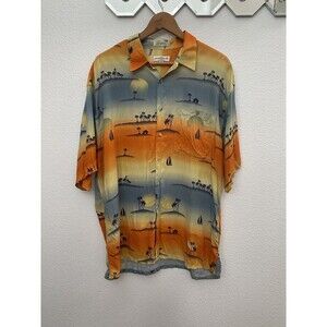 Pierre Cardin Mens Short Sleeve Button Up Hawaiian Sunset Sailboat Shirt XL